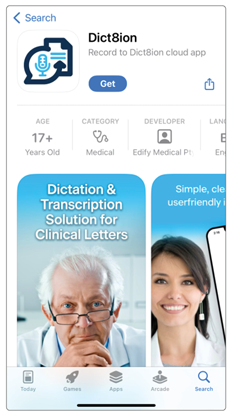 Dict8ion app store listing — dictation and transcription solution for clinical letters on iOS