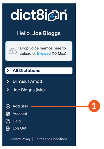 Dict8ion cloud application sidebar showing add user option — manage doctors and staff accounts in medical transcription platform