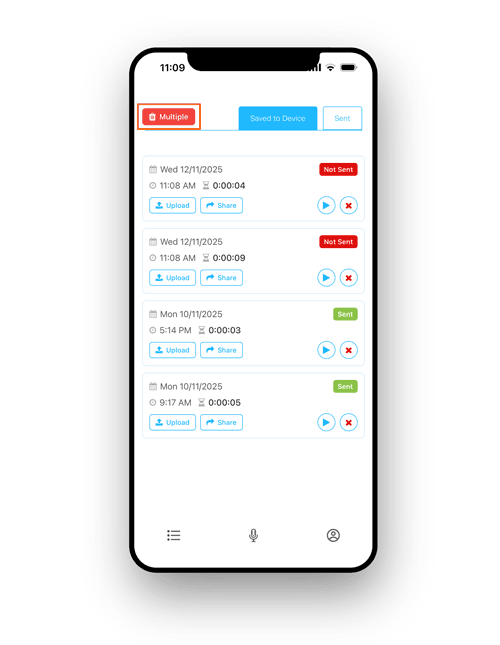 Dict8ion mobile app delete recordings screen — manage and delete sent or all audio recordings on iOS and Android