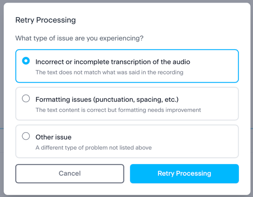 Dict8ion app retry processing screen — select issue type for audio transcription error